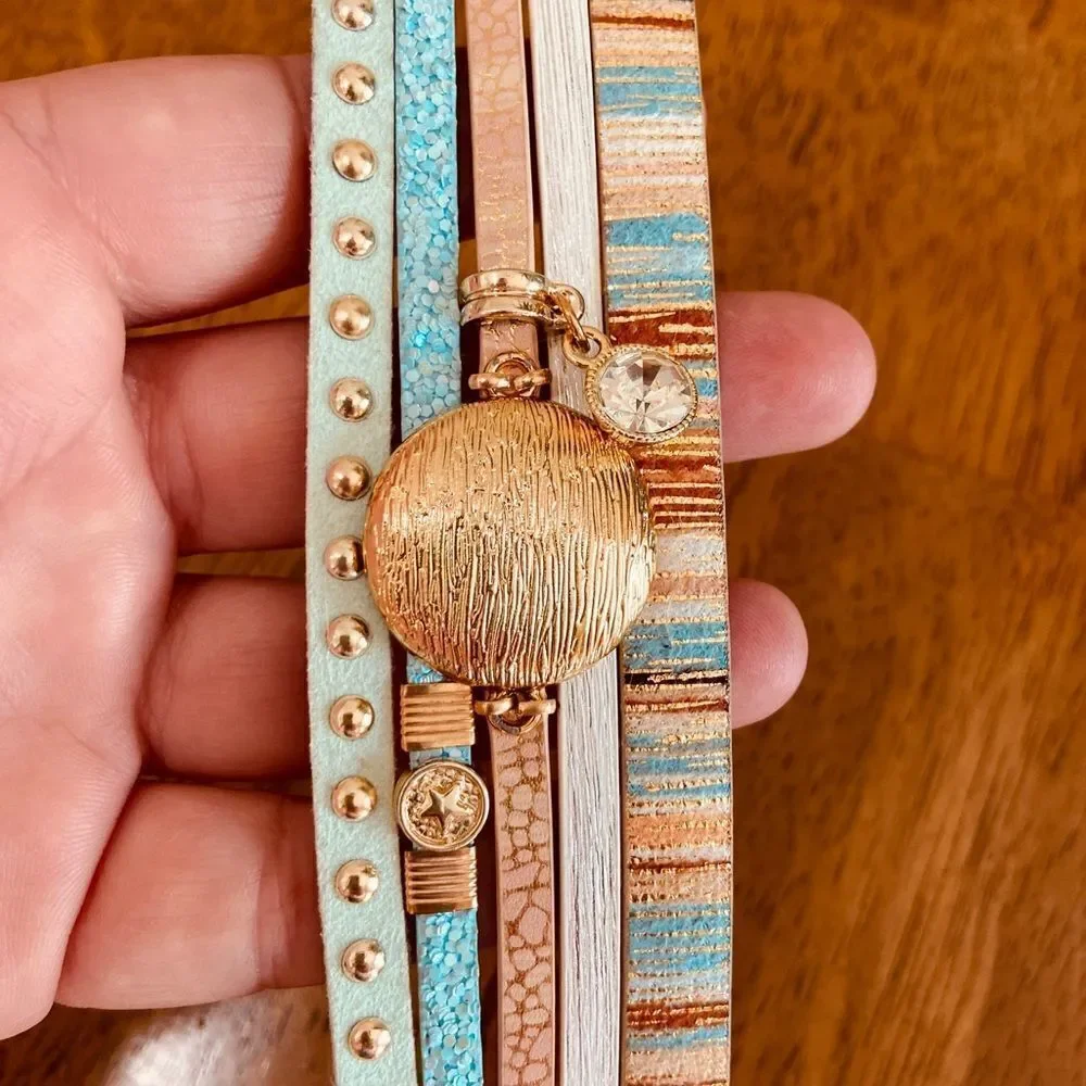 Boho Chic Multi-Layered Bracelet Teal Gold Studded Stripe Charm Bling Jewelry